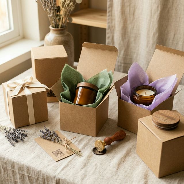 Ejemplo de packaging NVelas — cajas kraft con tarros ámbar